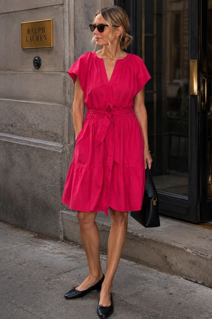 Lauren Ralph Lauren Black Label Hot Pink Belted Tiered Dress Cottagecore Sz 12
